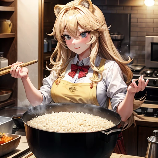 A blonde lion woman is frying pork cutlets　A bowl of rice