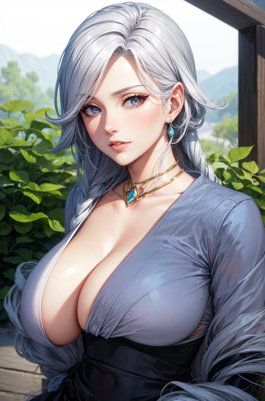 A queen and her throne, a milf woman, have a gorgeous body, white hair