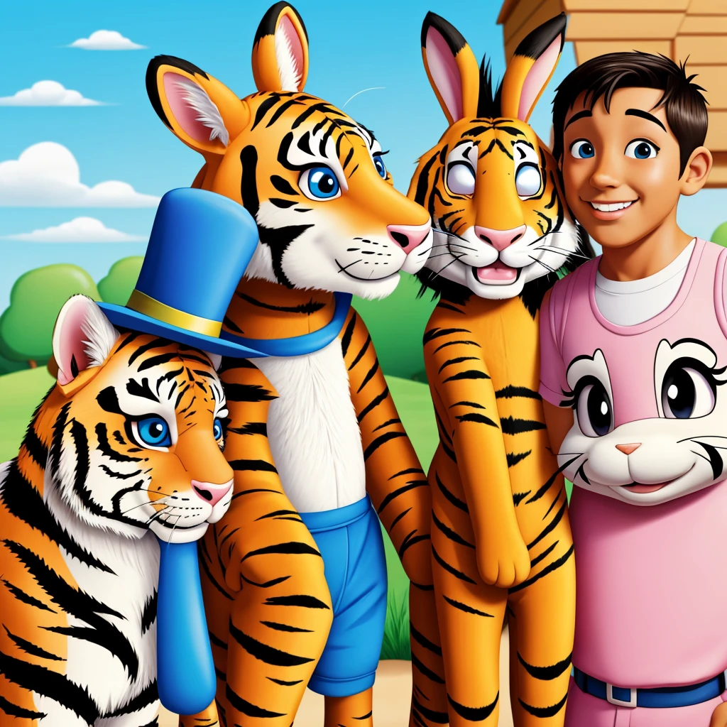 A cartoon rabbit and cartoon horse and cartoon tiger