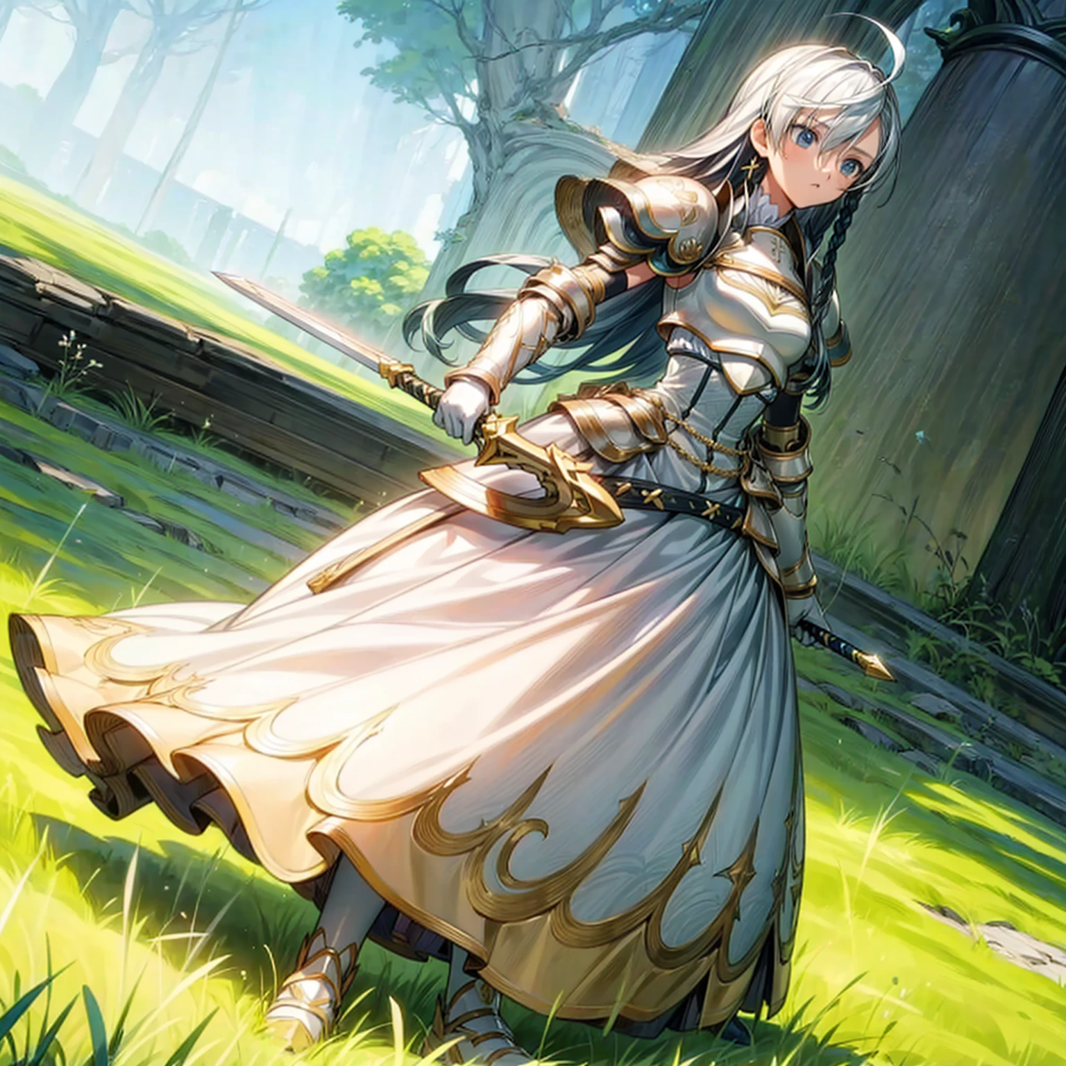 1girl, Full body version, 1character, children version, blue eyes color, long haircut, white colour hair, formal style clothing, medieval gold armour, one gold sword in hand, Grassroots, background in green field, motion blur, battle gesture, lighting sword, smoke, fire lighting, fire, masterpiece, (Hunter x Hunter style art)