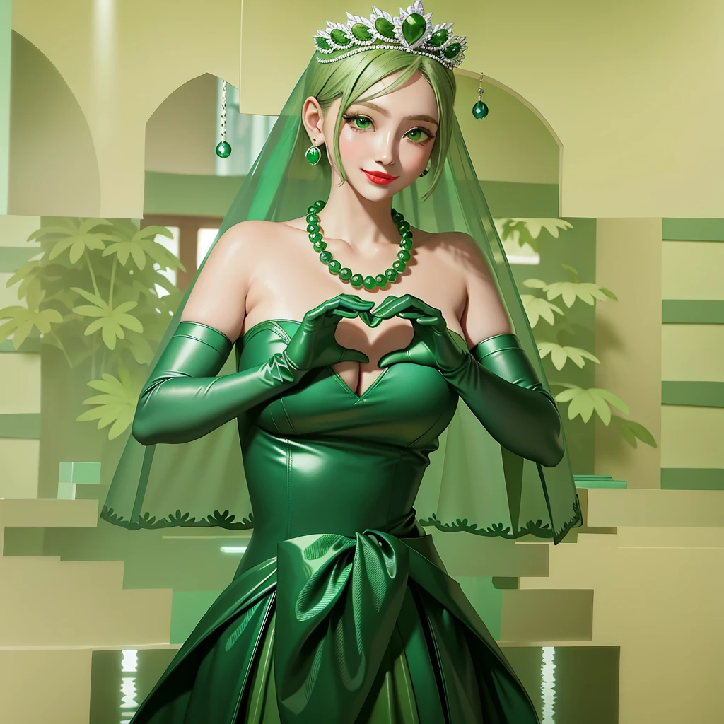 Emerald tiara, Green Pearl Necklace, ボーイッシュな非常に短いGreen Hair, Green Lips, Smiling Japanese woman, Very short hair, Busty beautiful lady, Green Eyes, Green satin long gloves, Green Eyes, Emerald Earrings, Green veil, Heart with both hands, Green Hair, Beautiful Japanese Woman, Heart shaped hands:1.3, green lip gloss