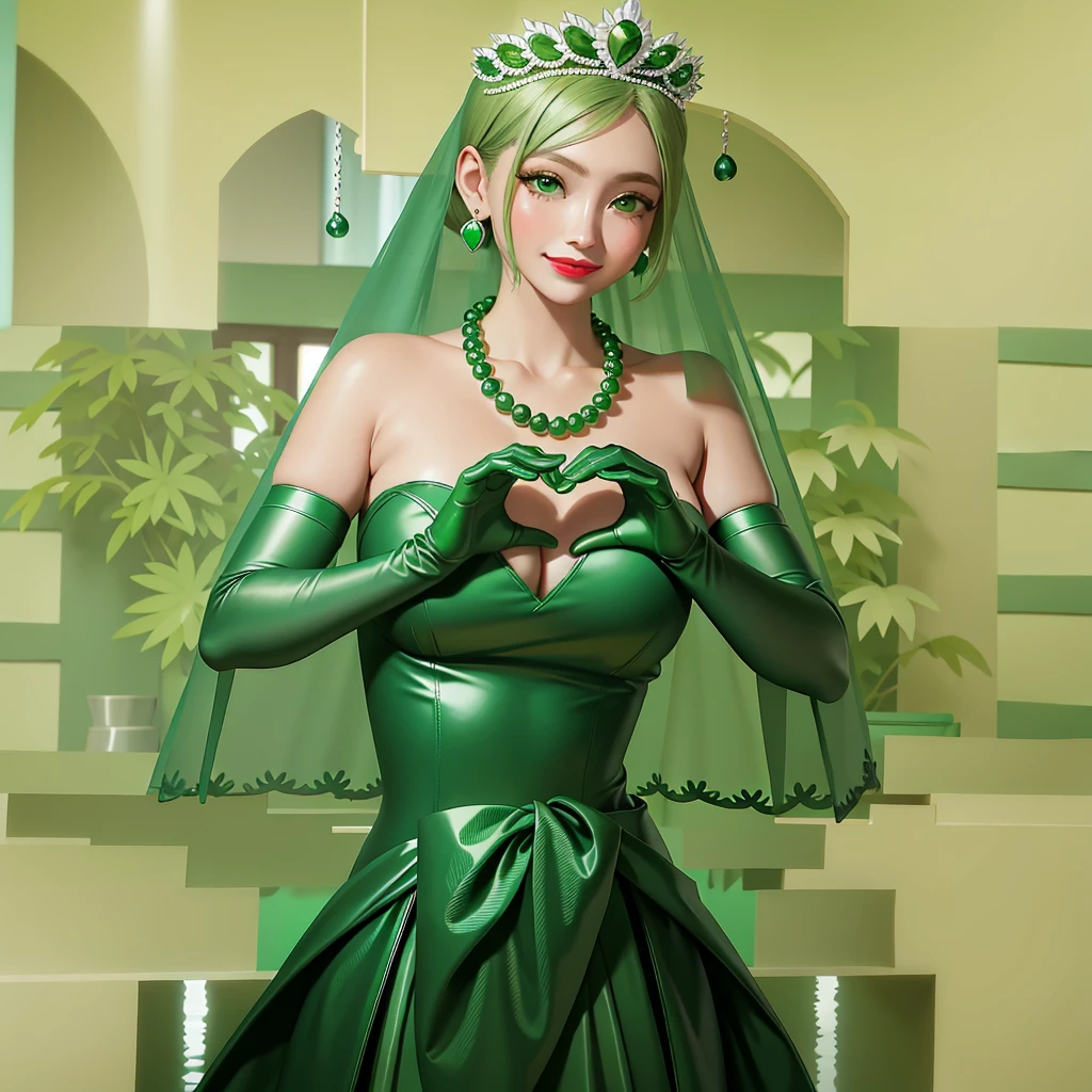 Emerald tiara, Green Pearl Necklace, ボーイッシュな非常に短いGreen Hair, Green Lips, Smiling Japanese woman, Very short hair, Busty beautiful lady, Green Eyes, Green satin long gloves, Green Eyes, Emerald Earrings, Green veil, Heart with both hands, Green Hair, Beautiful Japanese Woman, Heart shaped hands:1.3, green lip gloss