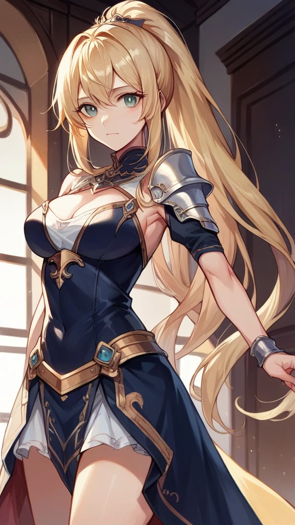 Another Eden Annabel Rin々Beautiful girl 1People portraits Blonde ponytail Wearing light armor Wearing a breastplate Wearing a white cloak Equipped with a two-handed sword Nearby is Hakuba