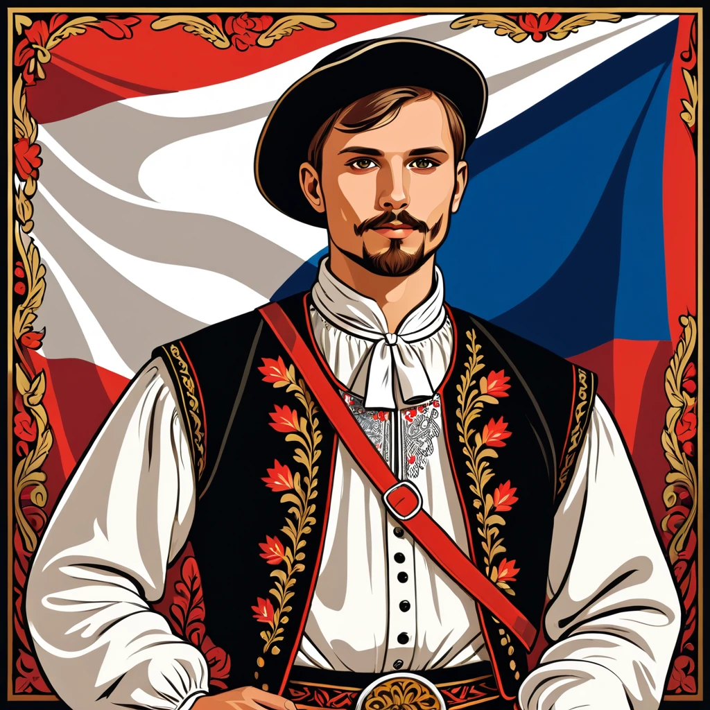 man in Czech Republic folk outfit, vector graphics, strong contours
