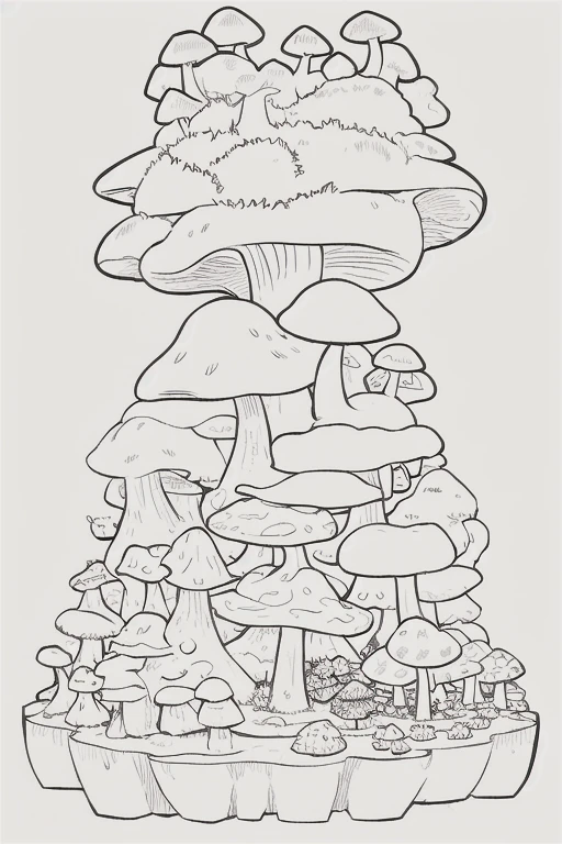 village made of giant mushrooms. plants. fantasy world. black and white. thick black lines, white background