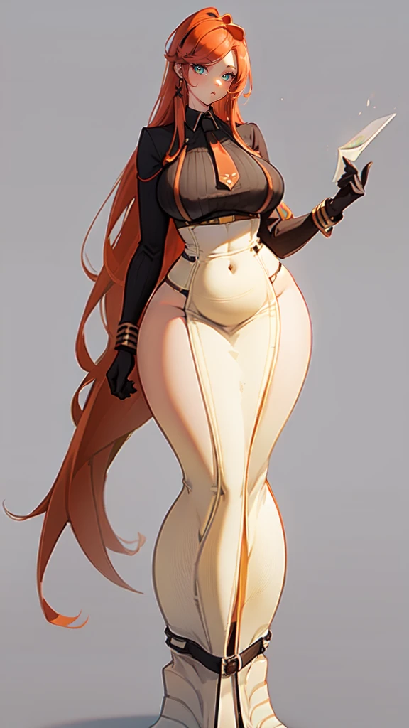 blank background, (((full body))), (masterpiece), ((best quality)), ((tall girl)), straight hair ((curvy:1.8)), (short skirt), shoes, belt below navel, redhead hair,, (black suit and tie), wide hips