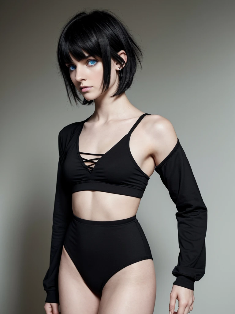 (best quality), 1boy, male, pale skin, black hair, short hair, tousled hair, messy bangs, bangs over eyes, blue eyes, perfect eyes, dark circles under eyes, long sleeved black crop top, lanky body, boyish, strong jawline, frown, attractive, goth boy, masculine body, black nails, black earstuds, masterpiece, anatomically correct, highres