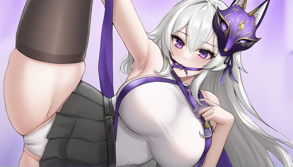 A with long, straight white hair and beautiful purple eyes. Her face is stunning, with lovely lips and a curvaceous figure. She has large breasts, a slender waist, and slightly wide hips, with smooth and toned thighs. She's wearing tight black stockings, a black skirt, and a white shirt, with a black cape draped over her shoulder. On one side of her face, she wears a kitsune-inspired mask. The overall style is reminiscent of anime and would be perfect for a Vtuber. The background is like a forest with purple trees as if it were a kitsune area. While she is tied and gagged with some stamp paper on her thigh and chest