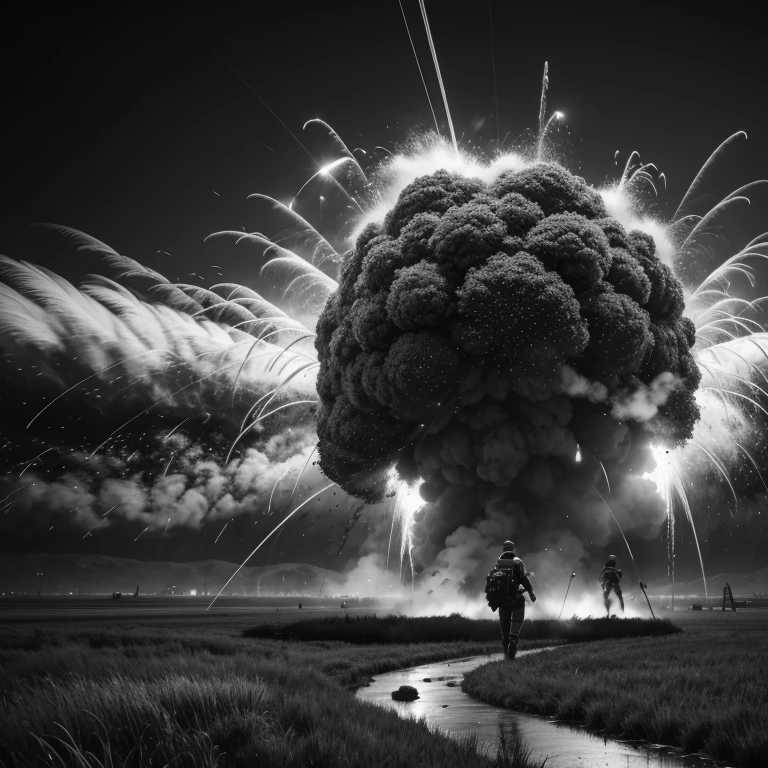 Black and white battlefield explosions