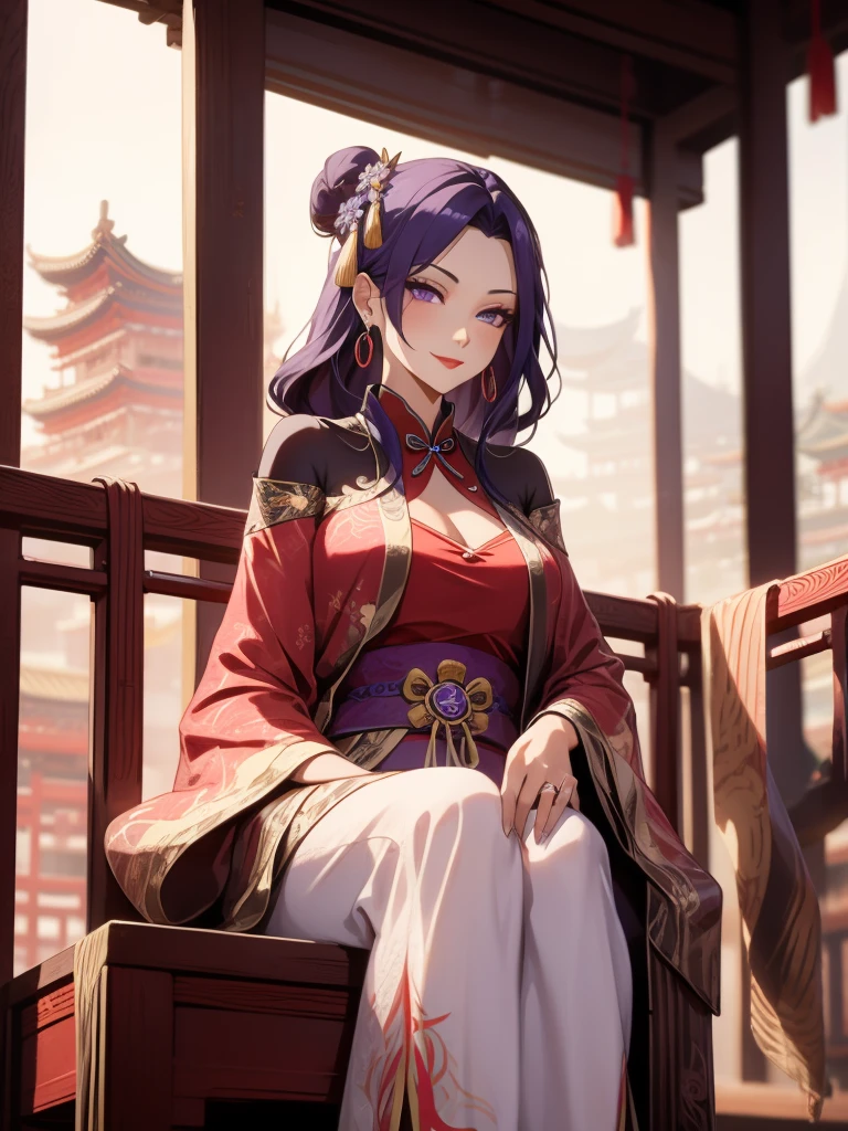 score_9, score_8_up, score_7_up, score_6_up, score_5_up, score_4_up, Raiden shogun, purple eyes, purple long hair, tied hair, hair in a bun, hairpin, traditional Chinese red wedding hanfu dress, Yourqipao Red Embroidery Chinese Xiuhe Hanfu Women's Satin Cheongsam Ancient Traditional Chinese Bride, Wedding Dress, Long Dresses, long earrings, red lipstick, detailed eyes, traditional wear, sexy attractive, hot, traditional, smiling widely, happy, blushing, lotuses, sitting,