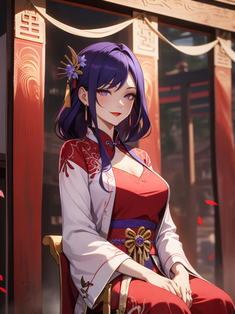 score_9, score_8_up, score_7_up, score_6_up, score_5_up, score_4_up, Raiden shogun, purple eyes, purple long hair, tied hair, hair in a bun, hairpin, traditional Chinese red wedding hanfu dress, Yourqipao Red Embroidery Chinese Xiuhe Hanfu Women's Satin Cheongsam Ancient Traditional Chinese Bride, Wedding Dress, Long Dresses, long earrings, red lipstick, detailed eyes, traditional wear, sexy attractive, hot, traditional, smiling widely, happy, blushing, lotuses, sitting,
