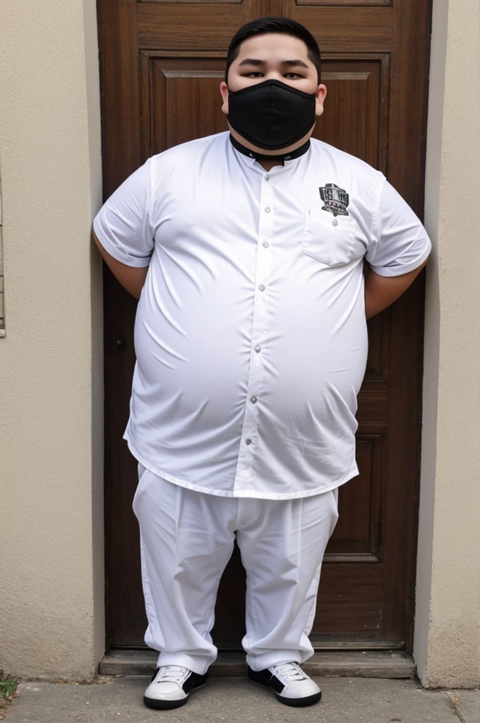 13 year old fat boy with standing hair , white clothes and black mask and very small penis