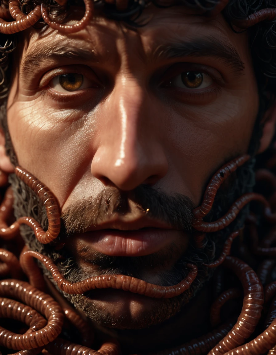 a man's face made of worms, extremely detailed, hyper-realistic, volumetric lighting, shallow depth of field, photorealistic, 4k, highres, intricate details, disturbing, unsettling, dark and gritty, moody lighting, dramatic shadows, realistic textures, organic forms, natural elements, captivating composition, masterpiece