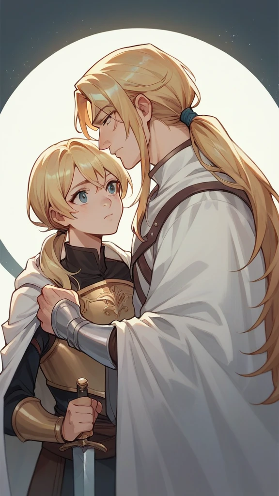 Another Eden Annabel Rin々Beautiful girl 1People portraits Blonde ponytail Wearing light armor Wearing a breastplate Wearing a white cloak Equipped with a two-handed sword Nearby is Hakuba
