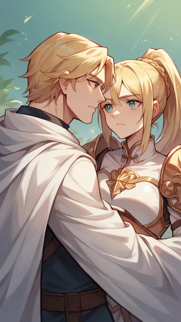 Another Eden Annabel Rin々Beautiful girl 1People portraits Blonde ponytail Wearing light armor Wearing a breastplate Wearing a white cloak Equipped with a two-handed sword Nearby is Hakuba