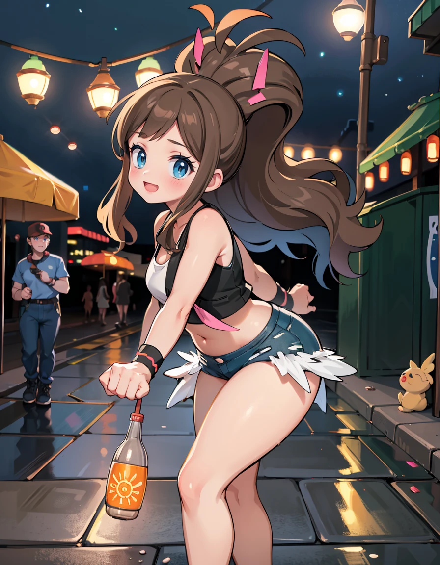 (best quality, highres, masterpiece:1.2), ultra-detailed, realistic:1.37, sketches, hilda pokemon, def1, curvy girl, legs together, curvy, visible thighs, chubby thighs, thighs in the foreground, fishnet, fishnets, pantyhose fishnet, body shape, walking, holding a cellphone, Alone in the alley, Neon lights in the alley, Very reflective city, night, dirty place, beer bottles, trash on the floor, graffiti on the wall, watched by a crowd of men, they observe her body, vibrant colors, nervous look, fearful, afraid, timorous smile, looking_at_viewer, bis ass, wide hips, hero view, she tries to hide her thighs with her hands