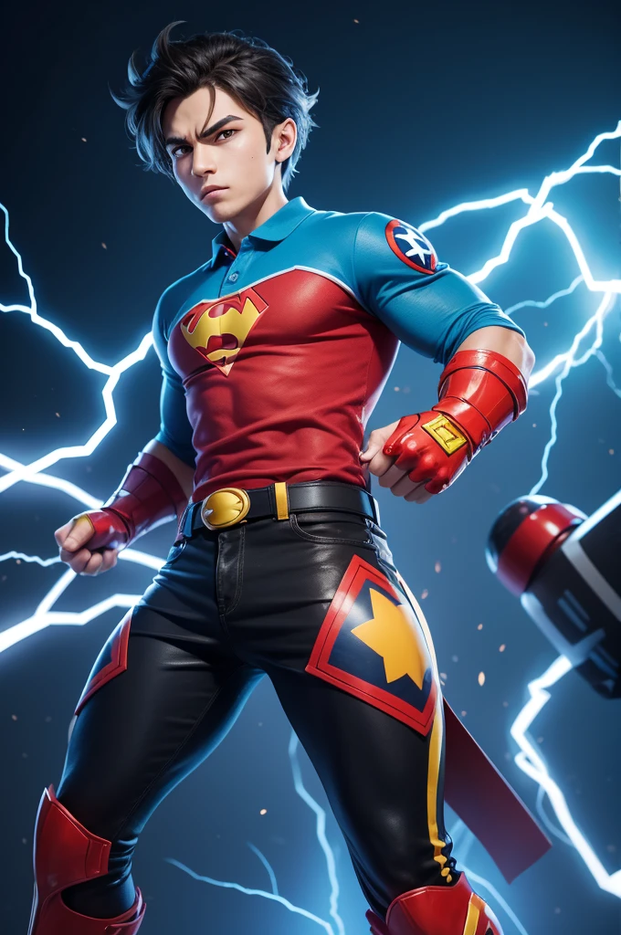 Create a skin for Sam from Brawl Stars with a superhero theme but linked to electricity and blue and red polo