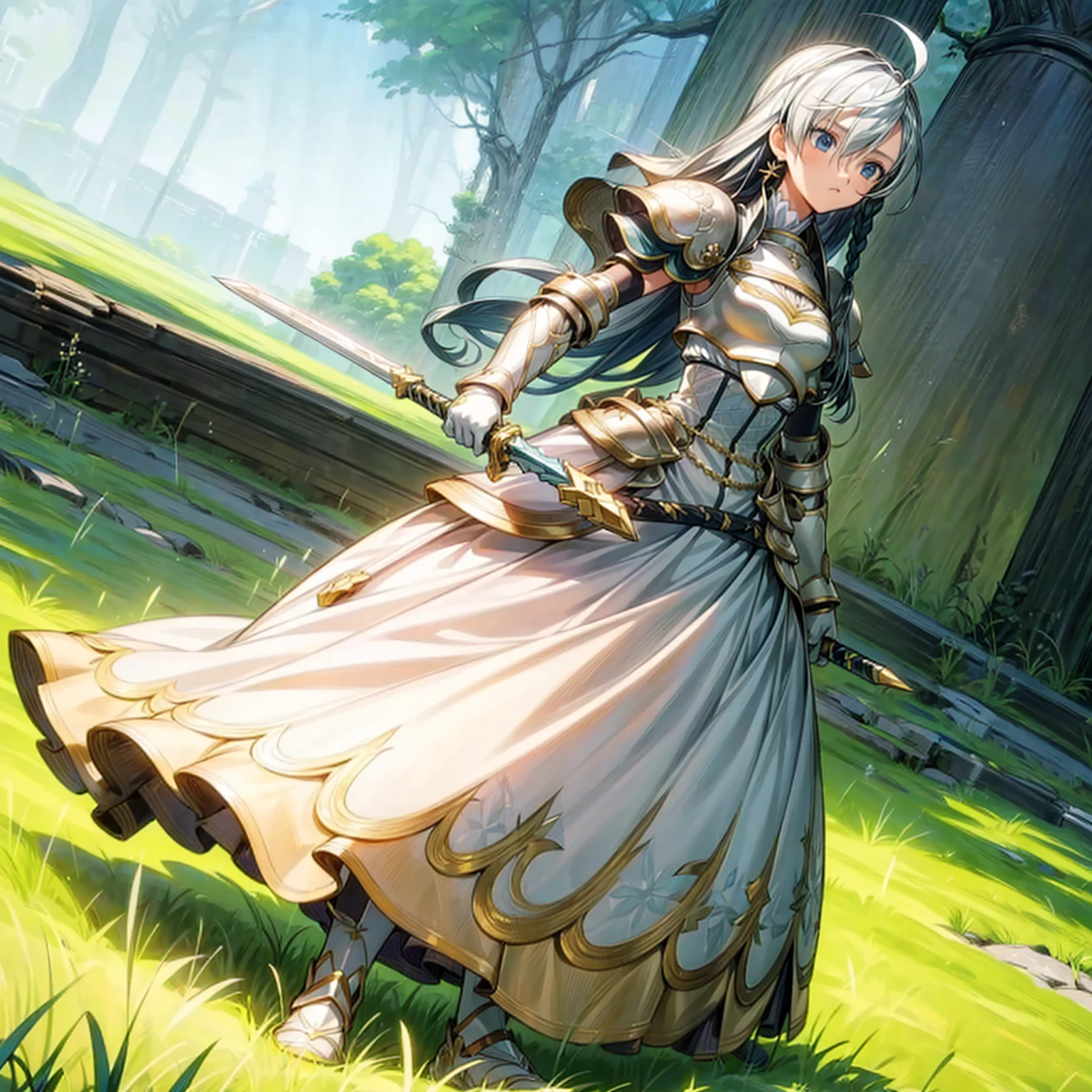 1girl, Full body version, 1character,  version, blue eyes color, long haircut, white colour hair, formal style clothing, medieval gold armour, one gold sword in hand, Grassroots, background in green field, motion blur, battle gesture, lighting sword, smoke, fire lighting, fire, masterpiece, (Hunter x Hunter style art)