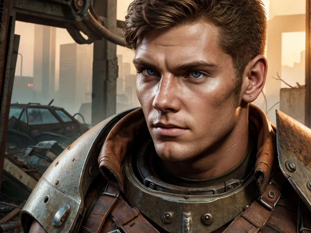 epic professional upper body headshot official art fallout young 20yo male raider, detailed face, smooth features, brunette hair, post-apocalypse, rust, detailed eyes, intricate details