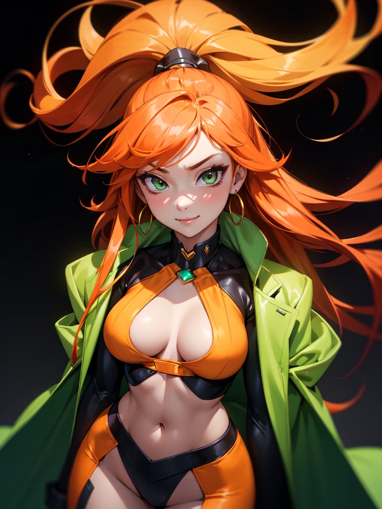 (((Portrait Photo))), She has a Vibrant, Energetic Appearance of a 17-Year-Old, with a Confident and Lively Demeanor. Her Long, Flowing Orange Hair, Styled in Loose Layers, Cascades Down Her Back. Her Striking Green Eyes, Filled with a Playful and Mischievous Glint, Stand Out against Her Fair Skin. She is Dressed in a Sleek, Dark Underbust Cropped Jacket, Revealing Her Abdomen, Paired with a Tight-fitting Top. Her Expression is Confident and Inviting, with a Subtle Smirk that Hints at Her Spirited Personality. (((High Quality, Dark Background))), (((Portrait Photo)))
