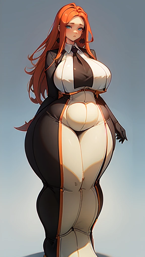 blank background, (((full body))), (masterpiece), ((best quality)), ((tall girl)), straight hair ((curvy:1.8)), (short skirt), shoes, belt below navel, redhead hair,, (black suit and tie), wide hips, big breast expansion