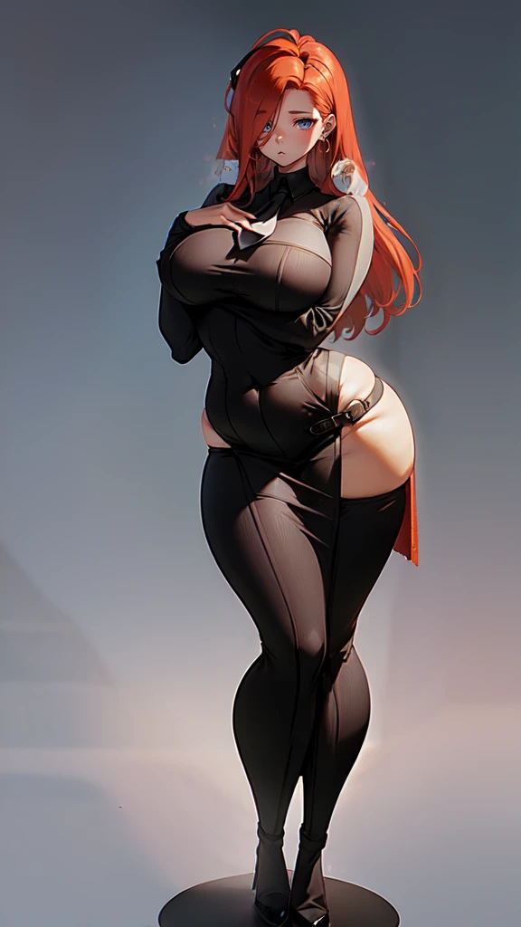 blank background, (((full body))), (masterpiece), ((best quality)), ((tall girl)), straight hair ((curvy:1.8)), (short skirt), shoes, belt below navel, redhead hair,, (black suit and tie), wide hips, big breast expansion