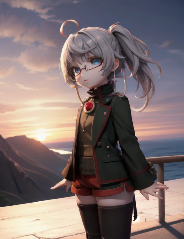 1 girl,cute,(looking at viewer:1.0), adorabel girl,cute face,details sky,handsome,young,juvenile,((masterpiece:1.4,best quality)),multiple details,eyeshadow, (full shot:1.5),
gradiant eyes,
lora:add_detail:0.8>, ice dessert, cliffs, outside, purple gloom,
riko, helm, jacket, helmet, lamp, shorts, twintails, (whistle:1.2), glasses, thighhighs, boots