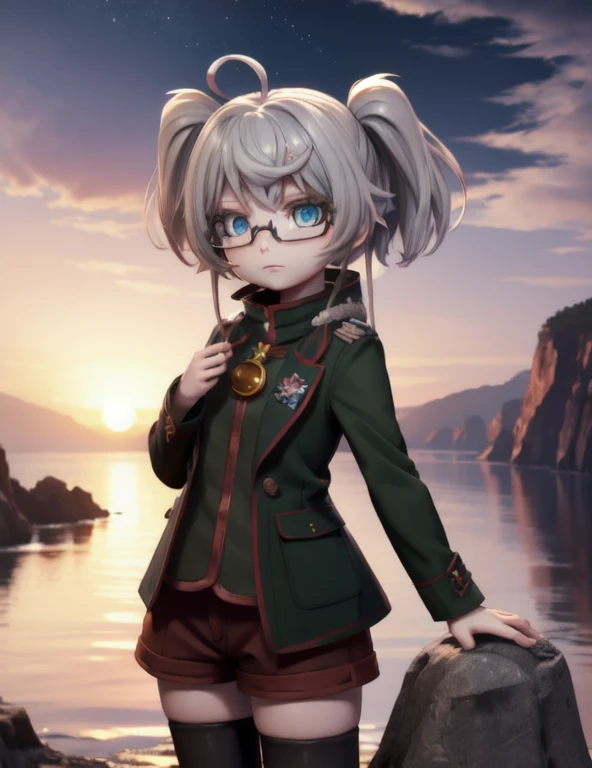 1 girl,cute,(looking at viewer:1.0), adorabel girl,cute face,details sky,handsome,young,juvenile,((masterpiece:1.4,best quality)),multiple details,eyeshadow, (full  shot:1.5),
gradiant  eyes, 
lora:add_detail:0.8>,  ice dessert, cliffs, outside, purple gloom,
riko, helm, jacket, helmet, lamp, shorts, twintails, (whistle:1.2), glasses, thighhighs, boots 