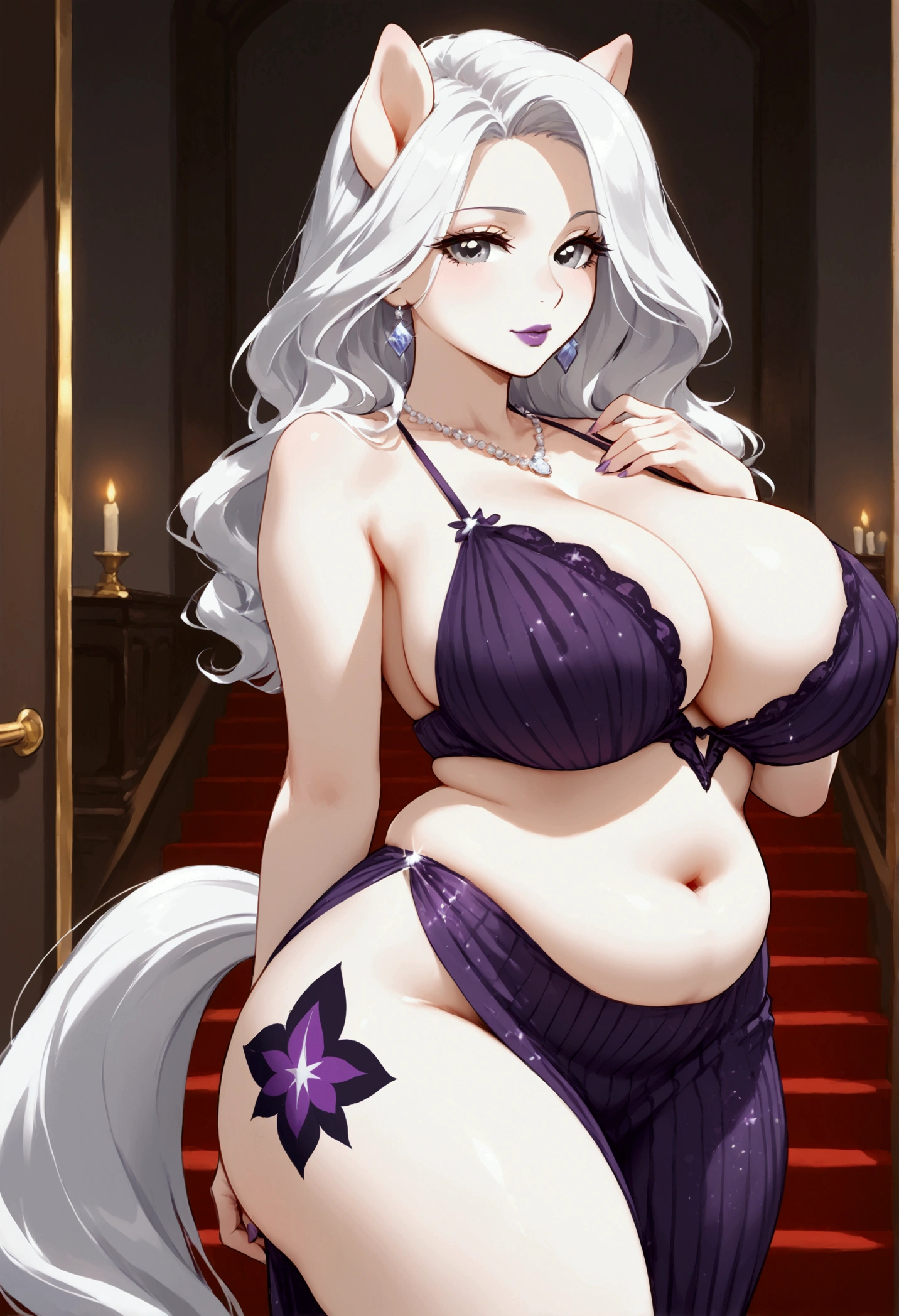 (((my little pony))), black striped white hair, (pale white body), gray eyes, big breasts, purple lips, big butt, belly, milf