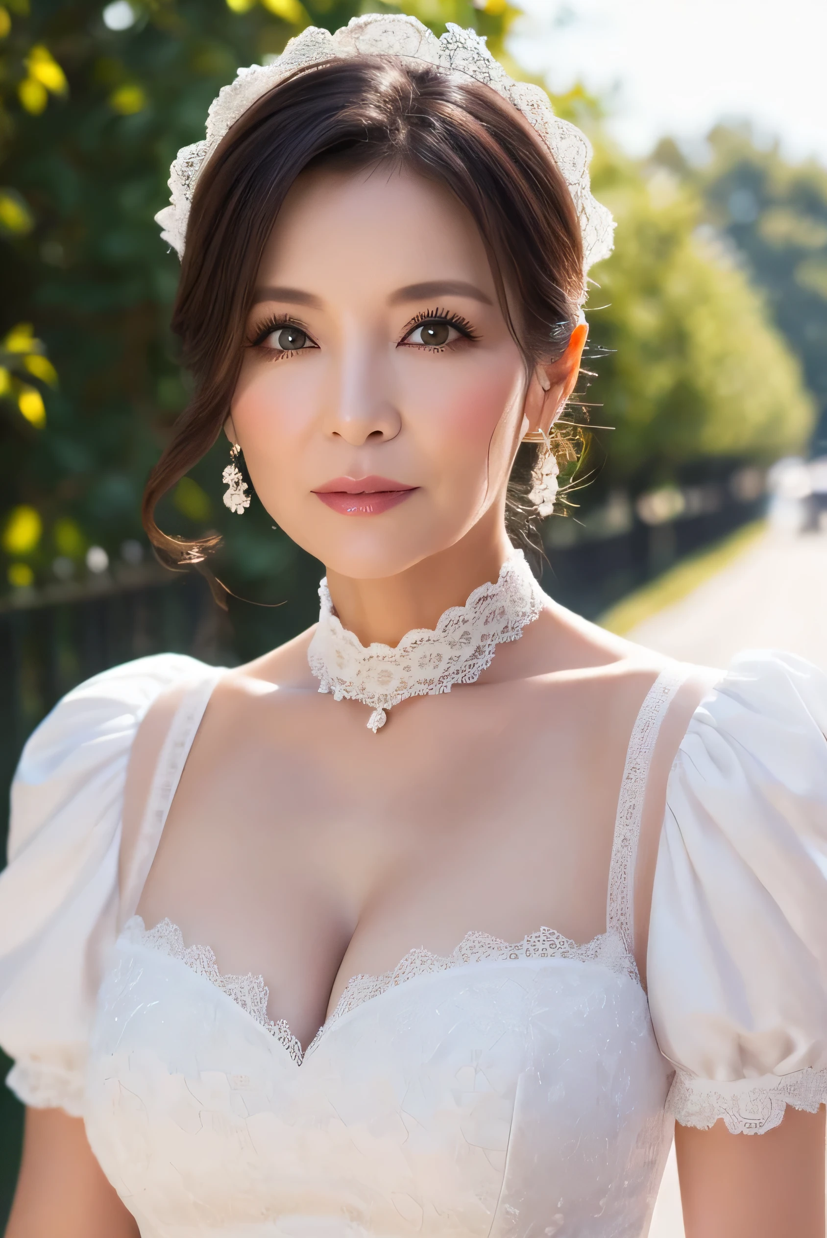 60-year-old woman、Facial wrinkles、beauty、rauall gown, Sweet ta, Puff sleeves,Big Breasts