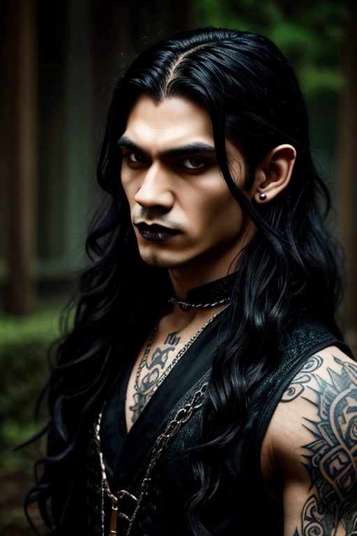 vampire, goth, fantasy, male, brown skin, thai features, long black wavy hair, pointy ears, soft face, tired sad eyes, hazel-green eyes, tattoos, peircings, gothic clothing