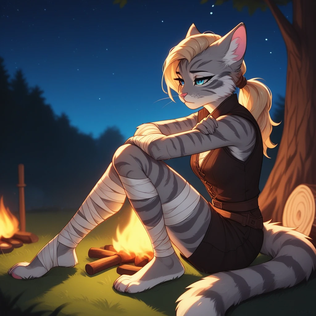 score_9,score_8_up,score_7_up, score_6_up, score_5_up, source_anime, Kat, Anthro furry feline, silver fur, grey stripes on body, blue eyes, long blonde hair, undercut hair, pink nose, :3, wearing black medieval vest, black short shorts, plantigrade feet, feet paws wrapped in bandages, tired, sitting on a tree stump, in front of a campfire, at a campsite, starry night sky, nighttime, side view
