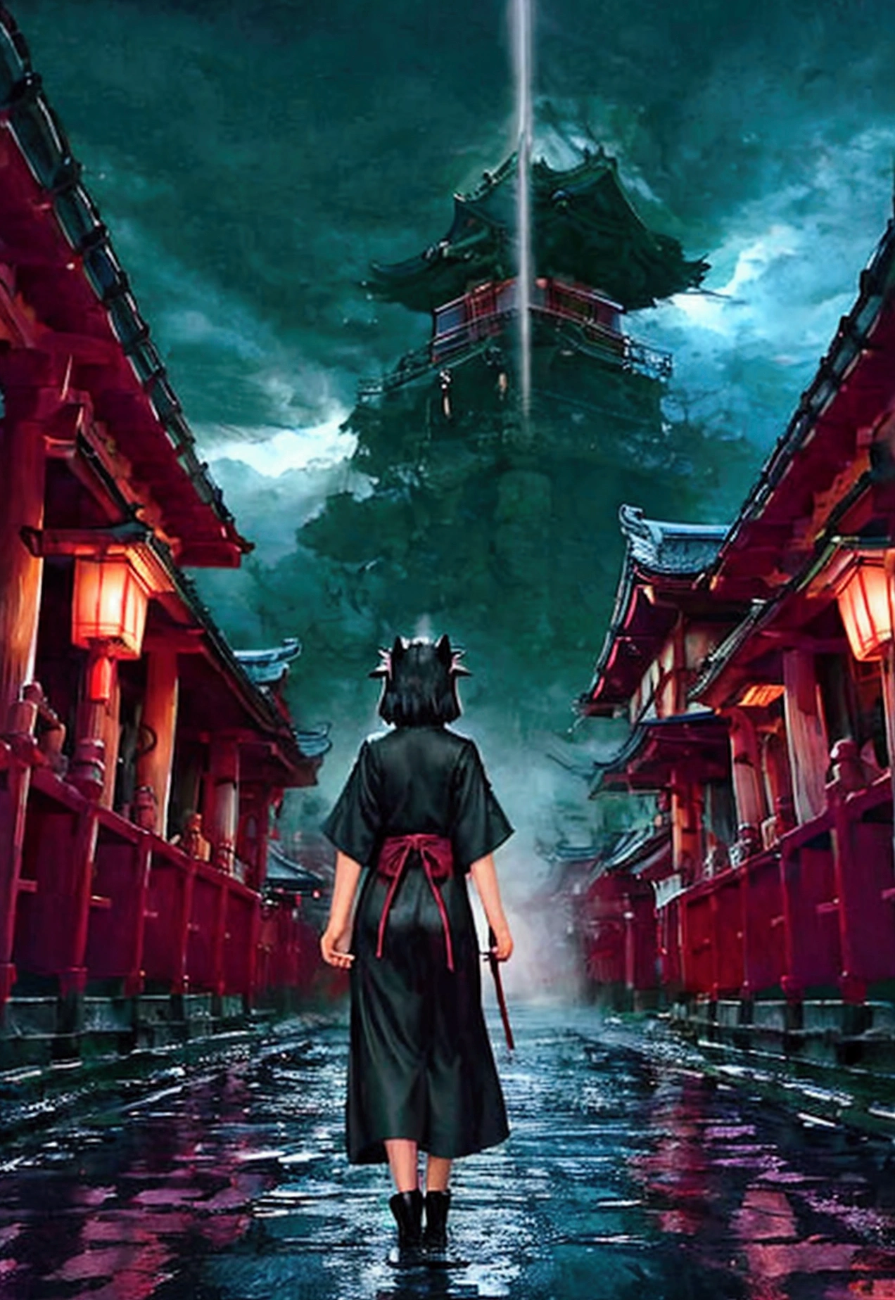Cat in the back、black cat、huge pussy、Studio Ghibli style、Japanese style、Japan、A shrine in the background、Temple、Wet day、Highest quality、Ultra-fine、Cloudy、anime、Show your back、Giant cat