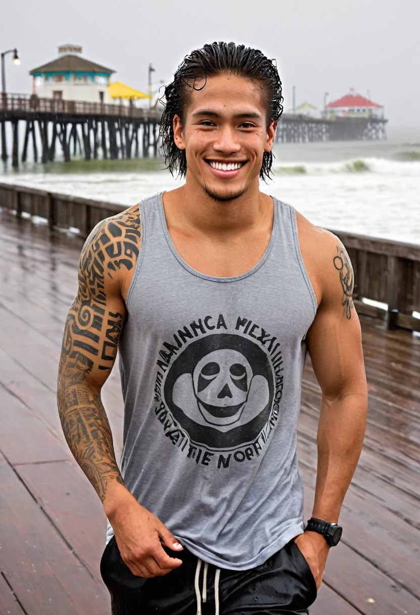 Make a 25 year old man out of 1.70 tall with an athletic physique with strong arms and defined chest. , entire left arm with Samoan tattoos , with long light brown hair with a protagonist smile , black pants and red tennis shoes , in the background quenesta walking in the rain on the Santa Monica Pier Route 66 loose hair with white skin honey-colored eyes with Mexican features from CDMX , Make it look good that you are in Santa Monica , and the defined rain can be seen well , no shirt , and with a watch on his right arm , very handsome,