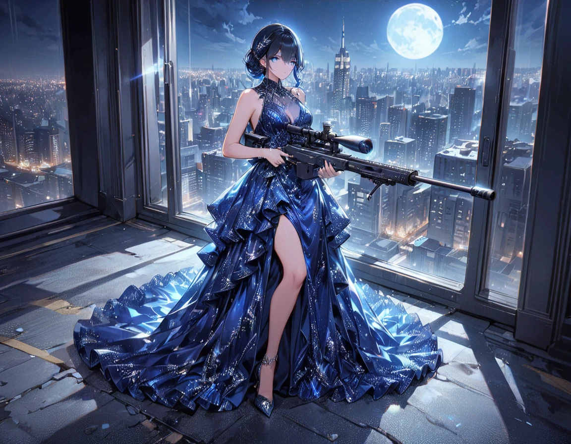 a portrait picture of a 1single woman sniper, standing in a window aiming a sniper rifle, an exotic beautiful woman sniper, dynamic hair, braided hair, full body shop, intense blue eyes, (ultra detailed face: 1.5), wearing (intricate evening dress: 1.5), elegant dress, dynamic color, dynamic style, wearing elegant stiletto heels , behind a window in a tall building at nigh, aiming a Light Sniper Rifle , cyberpunk city background, its night time, moon rays, some clouds,  (full body shot: 1.1) , vibrant, Ultra-high resolution, High Contrast, (masterpiece:1.5), highest quality, Best aesthetics), best details, best quality, highres, ultra wide angle, 16k, [ultra detailed], masterpiece, best quality, (extremely detailed) Sniper Rifle, evening dress
