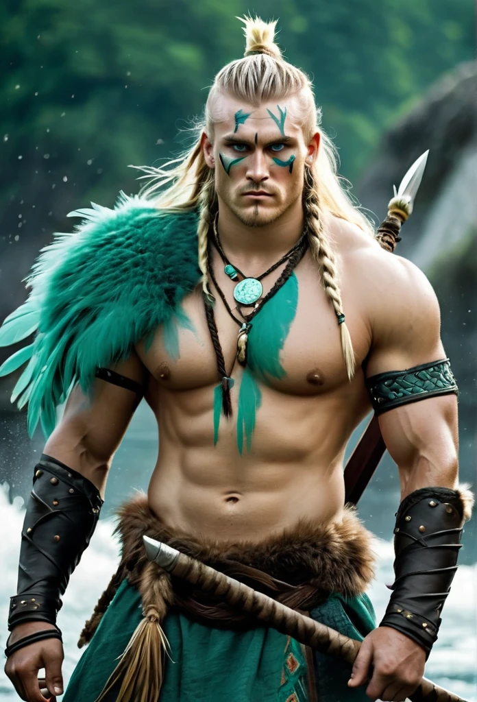 Long-haired blond man, braids on top on one side with feathers for decoration, deep and large rounded eyes, water green color, strong warrior body with bear tooth necklace, war scar on the body, sword in one hand and ax in the other, um viking com bravura, scar and war paint