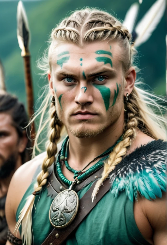 Long-haired blond man, braids on top on one side with feathers for decoration, deep and large rounded eyes, water green color, strong warrior body with bear tooth necklace, war scar on the body, sword in one hand and ax in the other, um viking com bravura, scar and war paint
