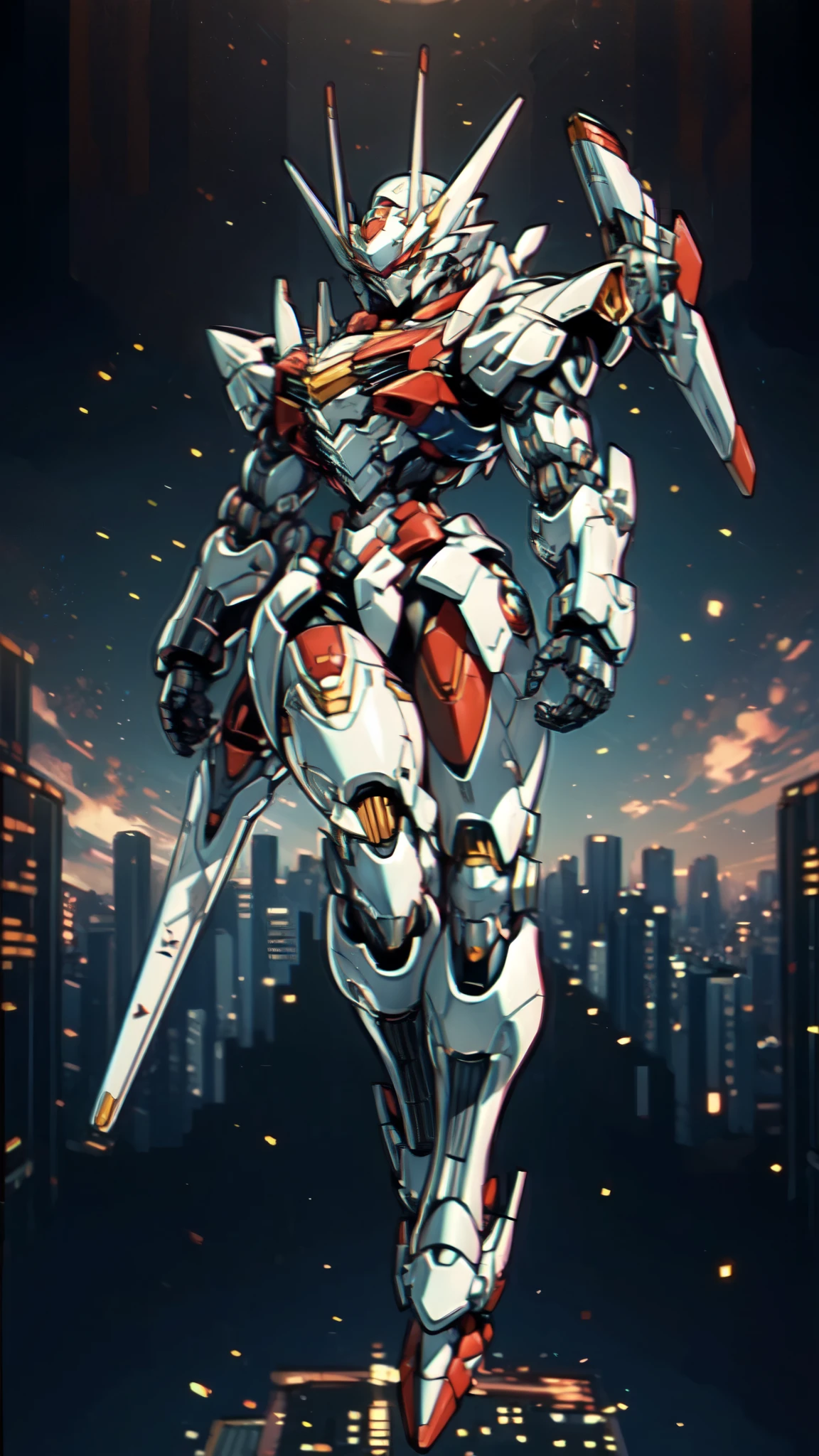(masterpiece:1.5, best quality:1.5, extremely delicate:1.5), humanoid Mecha, fully enclosed shoulder guards, matching arm and leg guards, full body, full armor, the design balances heavy with agility, (the color scheme is primarily white with red and blue accents, the concept Inspired by Super robot, organic biotech armor, standing, floating high above the futuristic sci-fi city), exquisite and mature art style, (aura effect, energy, glowing eyes, the armor glows), ((SRS)), metallic, dramatic, high definition, highres, ultra-detailed, ultra-fine painting, professional, perfect body proportions, anatomically correct, symmetrical face, extremely detailed eyes and face, high quality eyes, creativity, RAW photo, UHD, 32k, Natural light, cinematic lighting, masterpiece-anatomy-perfect