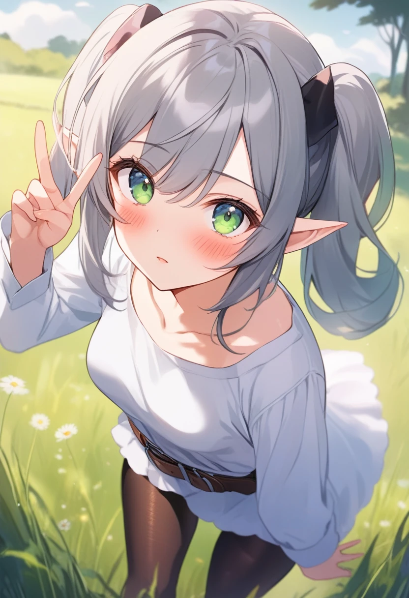 (anime art style:0.5), 2d, masterpiece, best quality, very aesthetic, absurdres, dynamic shadows, atmosferic, frieren, (1girl), (grey hair), long hair, twintails, pointy ears, green eyes, eyeslashes, detailed eyes, ahoge, bangs, medium breasts, makeup, intense blush, collarbone, suprised, blush, white capelet, white dress, long sleeves, black pantyhose, belt, stripped shirt, brown boots, red earrrings, (cowboy shot), wariza, (v), looking at viewer, grass, clouds, sky