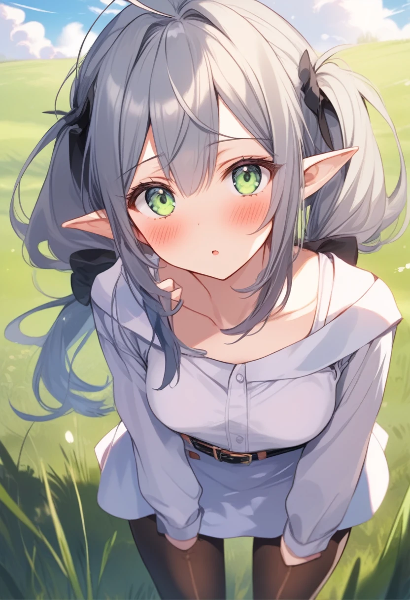 (anime art style:0.5), 2d, masterpiece, best quality, very aesthetic, absurdres, dynamic shadows, atmosferic, frieren, (1girl), (grey hair), long hair, twintails, pointy ears, green eyes, eyeslashes, detailed eyes, ahoge, bangs, medium breasts, makeup, intense blush, collarbone, suprised, blush, white capelet, white dress, long sleeves, black pantyhose, belt, stripped shirt, brown boots, red earrrings, (cowboy shot), wariza, (v), looking at viewer, grass, clouds, sky