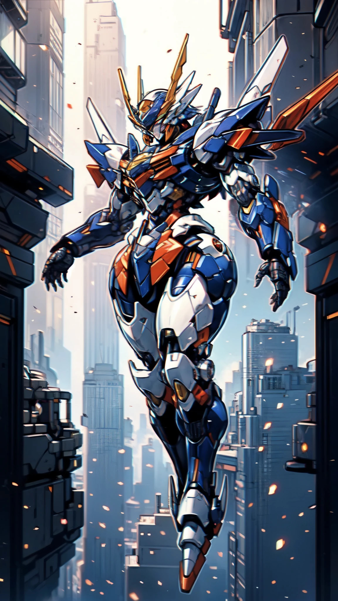 (masterpiece:1.5, best quality:1.5, extremely delicate:1.5), humanoid Mecha, fully enclosed shoulder guards, matching arm and leg guards, full body, full armor, the design balances heavy with agility, (the color scheme is primarily white with red and blue accents, the concept Inspired by Super robot, organic biotech armor, standing, floating high above the futuristic sci-fi city), exquisite and mature art style, (aura effect, energy, glowing eyes, the armor glows), ((SRS)), metallic, dramatic, high definition, highres, ultra-detailed, ultra-fine painting, professional, perfect body proportions, anatomically correct, symmetrical face, extremely detailed eyes and face, high quality eyes, creativity, RAW photo, UHD, 32k, Natural light, cinematic lighting, masterpiece-anatomy-perfect
