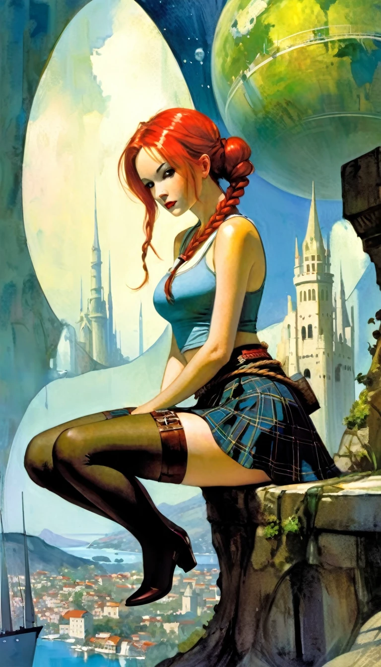 This image represents a beautiful scene from the fantasy world. It is during the day or early afternoon and the atmosphere is calm and great. In the foreground a female character appears sitting with her back to the viewer. She has long red braided hair and wears a plaid miniskirt with stockings and a tank top, very sexy, rope belt. In the background, we see a magnificent city built on a steep mountain or island. The city's architecture is reminiscent of the Middle Ages and the Renaissance, characterized by tall spiers and dense buildings and futuristic elements. High above the city, there are buildings that look like castles and palaces that rise above the rest. Below the city, there are lush green fields and scattered small buildings, which may be farms or towns. The landscape is lush and green with trees surrounding the settlements. Several ships are anchored at the foot of the mountains and islands, suggesting that the city is an important port city. The sky is light blue with very few clouds, indicating that it is daytime or early afternoon. The overall atmosphere is calm and grand, suggesting stories of adventure, exploration, or political intrigue in this fantasy world (art inspired by Bill Sienkiewicz). oil painting)