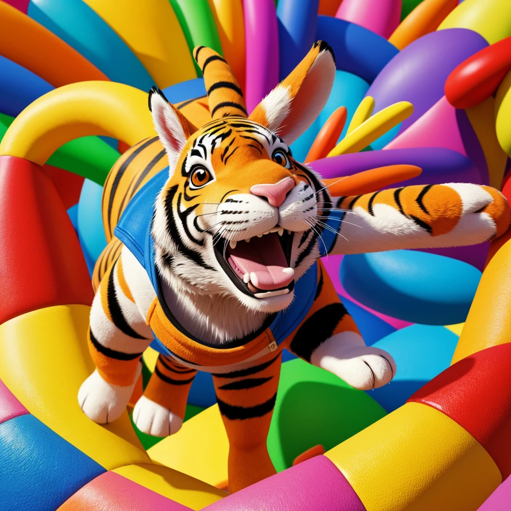 A cartoon rabbit, a cartoon horse, a cartoon tiger, 3D render, ultra-detailed, (best quality,4k,8k,highres,masterpiece:1.2),ultra-detailed,(realistic,photorealistic,photo-realistic:1.37),vibrant colors, whimsical, playful, dynamic composition, 3D modeling, character design, cartoon style, endearing, cute, adorable, expressive features, dynamic poses, colorful environment, lively background