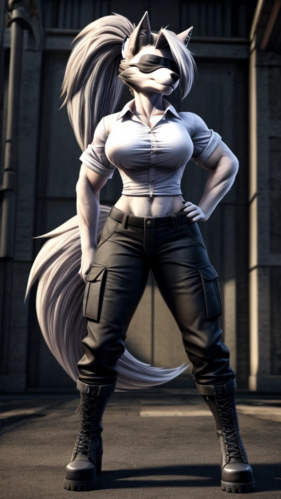 Loona from Helluva Boss, female wolf, anthro, mature adult, soft white hair with ponytail, blindfolded, tall, muscular, massive female, white shirt, black cargo pants, black boots, solo, beautiful, high quality, precise, full body, front view, 4K