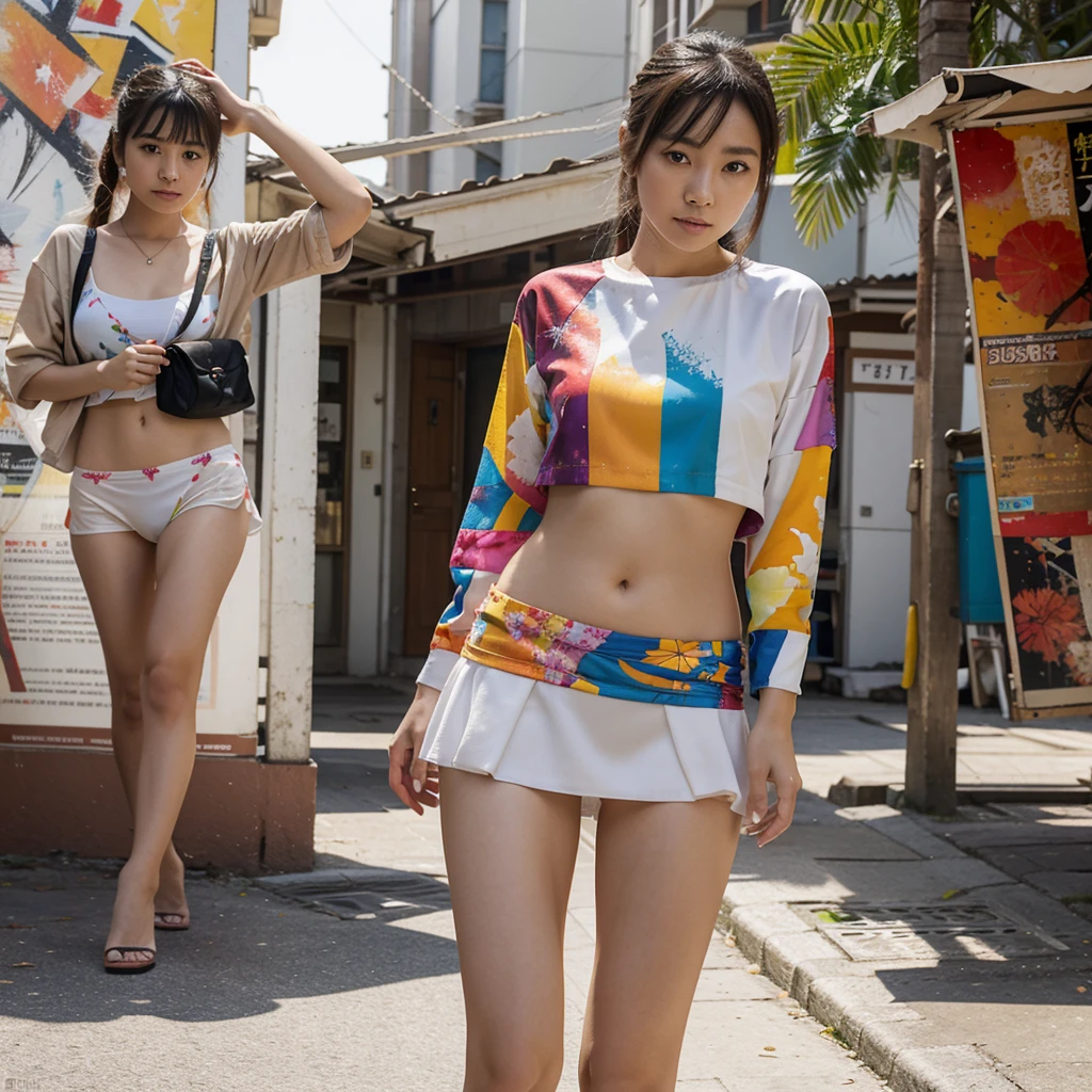 A unique piece of collage art and layer digital painting with what appears to be a collage of teared colorful clothes pieces, seamlessly blended with an abstract and surreal art style. Japanese Lady wears very short miniskirt and show her white panty to the public. Weather is windy. Her body is sexy. She shows her hairy pussy. She is a Burmese girl. 