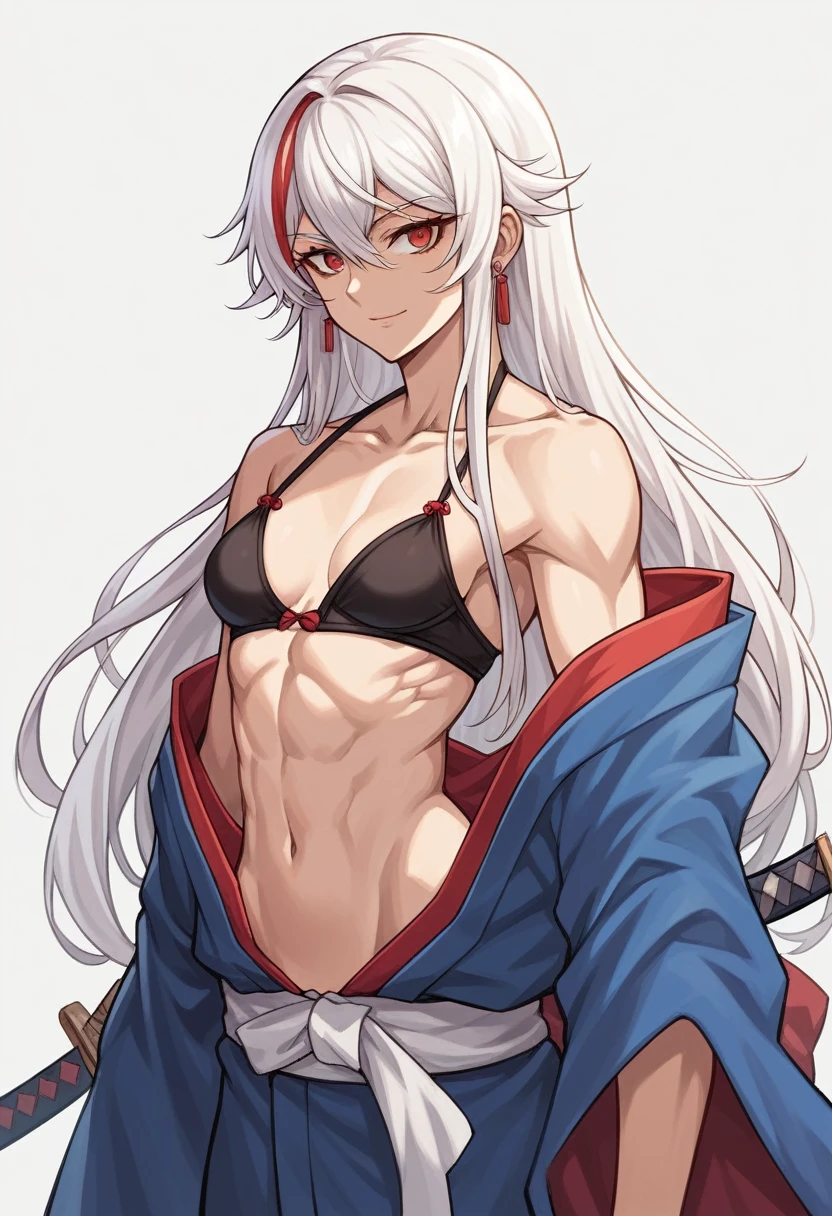Kurenai,swordshin feudal,white hair with red highlights, long hair, Eyes red, ears with earrings, small breast out,, best quality, anime photos, sexy kimono suit, sword sports are good, no pants, 1 girl, standing alone, , swords, looking ahead at viewer, he used to smile, Sexy short sashes bra, simple background, , tummy, long hair, breast out, kimono, roupa de swordshin japones, kimono, Trunk,
