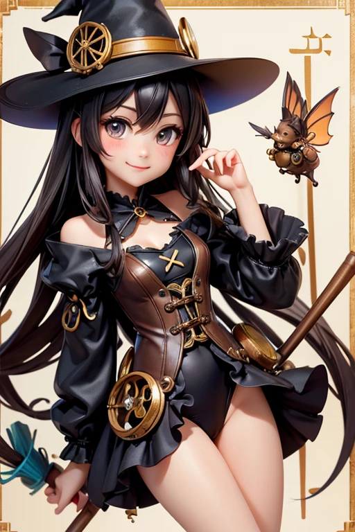 (Highest quality:1.3)。steampunk。One Girl。little cute witch。Explore fairyland with a broom on your shoulder。Curious smile。Wearing a black high-cut swimsuit、
