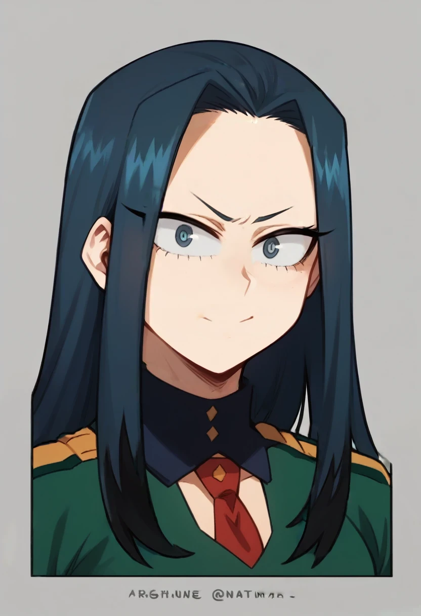 Create a girl in the style of My Hero Academia, with straight navy blue hair with black highlights, grayish blue eyes, with a gray, green uniform and a red UA tie, alpha eyes, long hair, a somewhat serious expression but a little smile. 