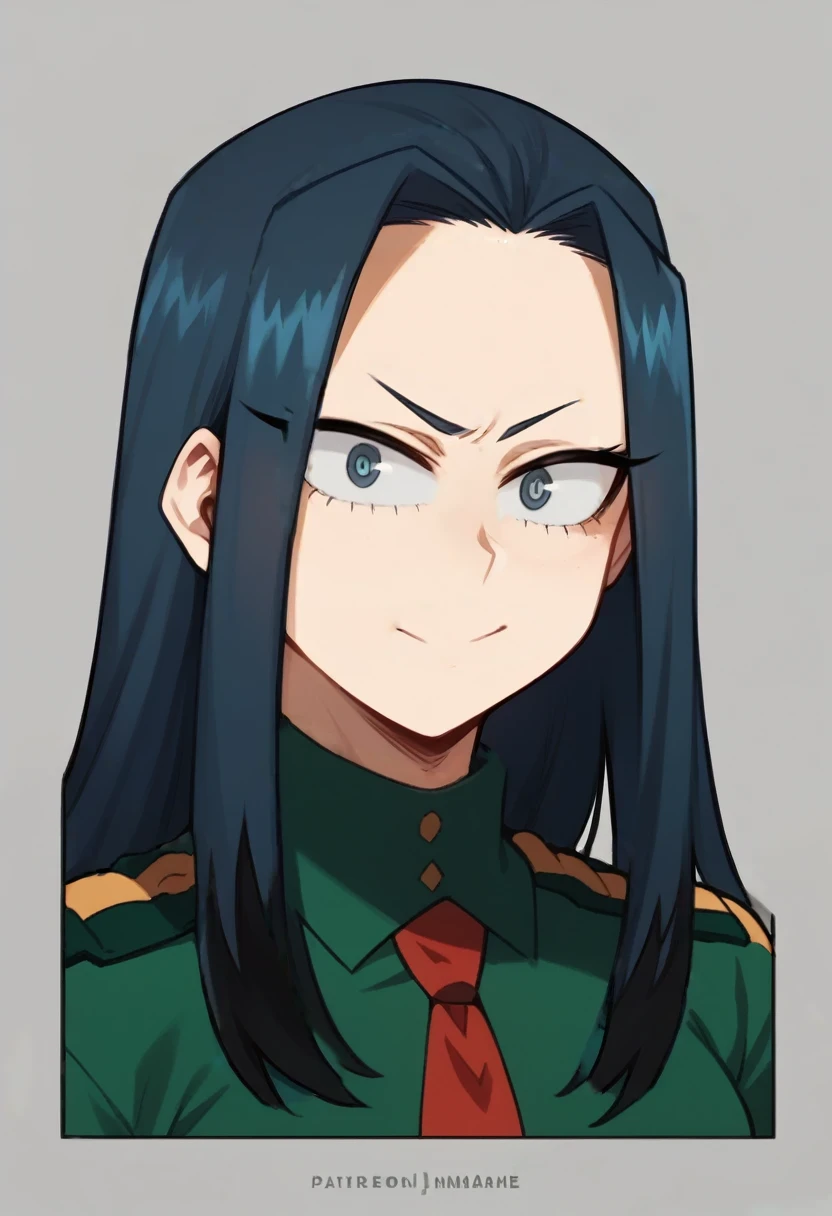 Create a girl in the style of My Hero Academia, with straight navy blue hair with black highlights, grayish blue eyes, with a gray, green uniform and a red UA tie, alpha eyes, long hair, a somewhat serious expression but a little smile. 