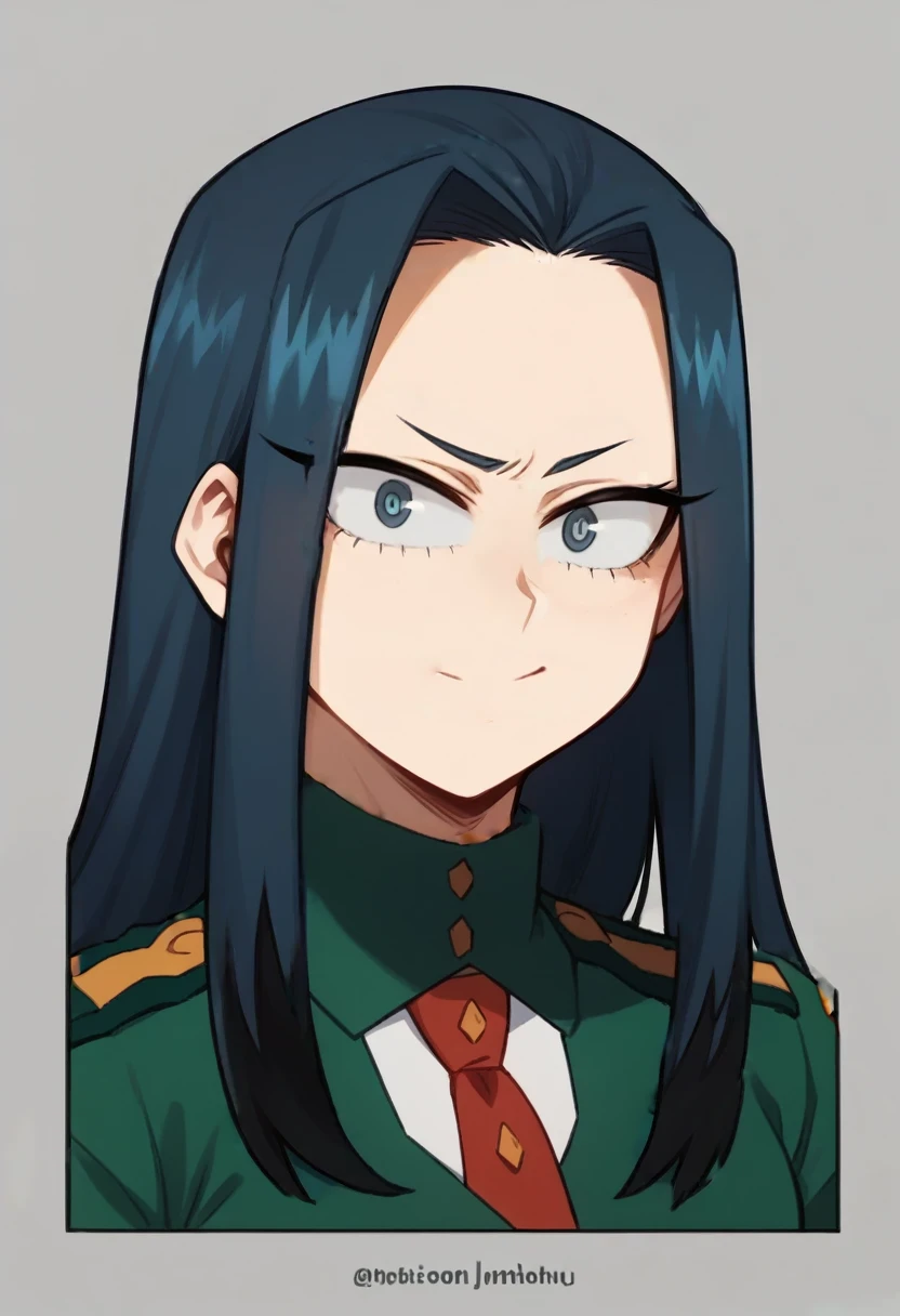 Create a girl in the style of My Hero Academia, with straight navy blue hair with black highlights, grayish blue eyes, with a gray, green uniform and a red UA tie, alpha eyes, long hair, a somewhat serious expression but a little smile. 